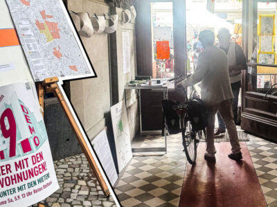Die Mieterwerkstadt in der Leonhardtstraße beim Straßenfest Zwei Bilder zu einem zusammengefügt: Plakate, die von der Straße in ein Haus weisen, im Hausflur ein Informationsstand